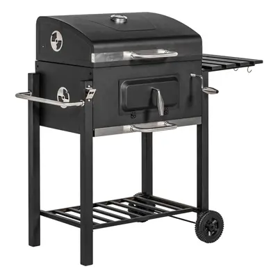 Outsunny Charcoal Grill BBQ Trolley Wheels Shelf Side Thermometer Steel Black