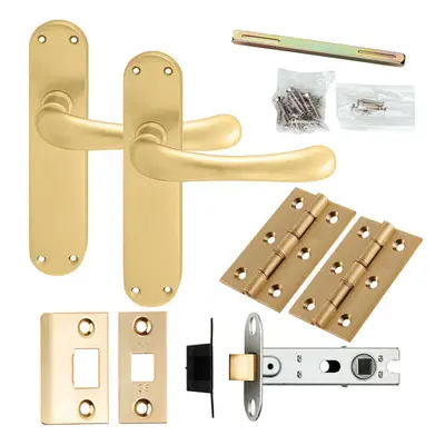 Door Handle & Latch Pack Satin Brass Smooth Rounded Lever Curved Backplate