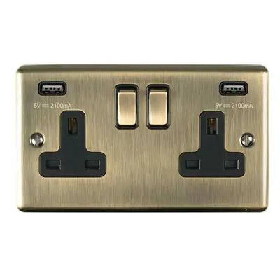 2 Gang Single UK Plug Socket & Dual 2.1A USB ANTIQUE BRASS & Black 13A Switched