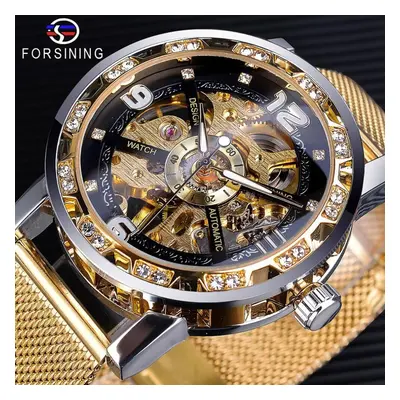 (black,gold) Forsining Golden Skeleton Mechanical Watch Stainless Steel Mesh Band Luminous Hand 