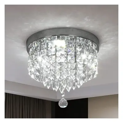 (Dia 25cm, Cool White-c) Crystal Chandelier Modern LED Ceiling Shallow Flush Mount Stainless Ste