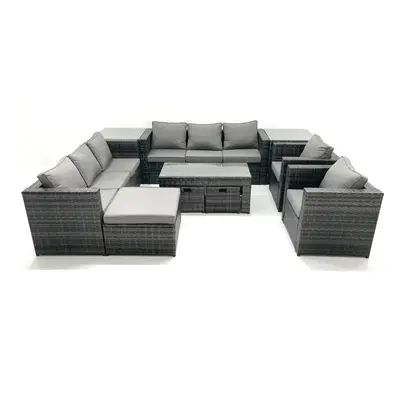 Fimous Rattan Garden Furniture Sofa Set with Coffee table Armchair Side Tables Footstools Dark G