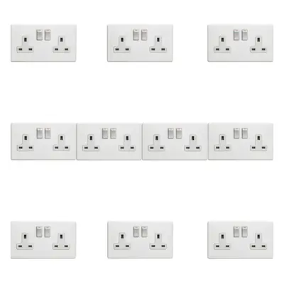 10 PACK Gang Double DP 13A Switched UK Plug Socket SCREWLESS MATT WHITE Power