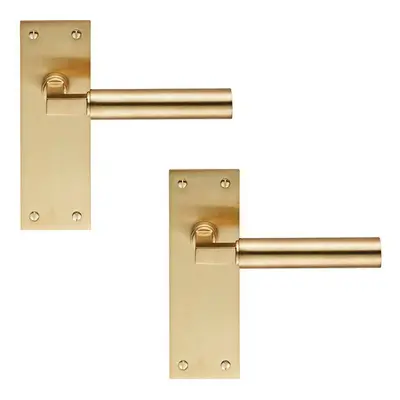 2x PAIR Round Bar Handle on Slim Latch Backplate x 50mm Satin Brass