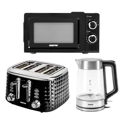 (4 Slice Textured Toaster) Geepas Illuminating Kettle, Toaster and 20L Mini Microwave Oven Set