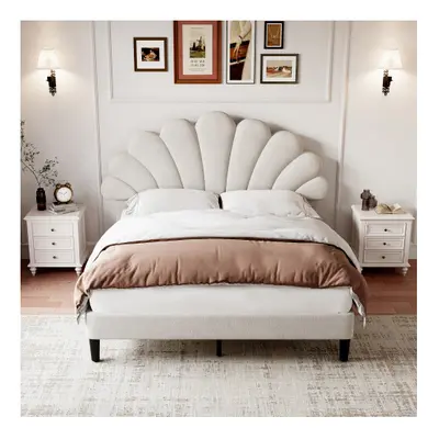 (Beige) 4ft6 Double Upholstered Velvet Bed Frame, with Adjustable Chic Petal Headboard