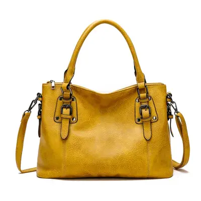 (yellow) Vintage Leather Tote Spacious Elegant Shoulder Handbag