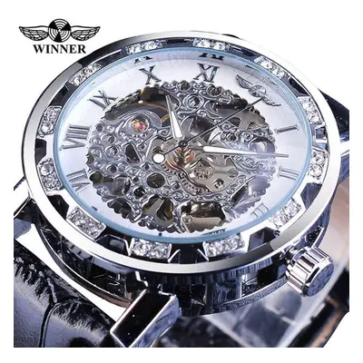 (ivory) Winner Black Golden Retro Luminous Hands Fashion Diamond Display Mens Mechanical Skeleto