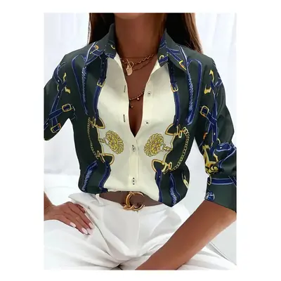 (B25SLTH2461415051, XXL) Boutique Pattern Printed Button Long Sleeve Women's Shirt Vintage Elega