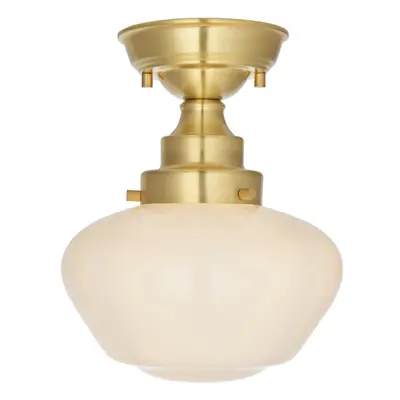 Antique Brass Semi Flush Ceiling Light Fitting & Opal Glass Shade Low Profile