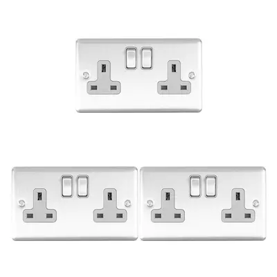 3 PACK Gang Double UK Plug Socket SATIN STEEL & Grey 13A Switched Outlet