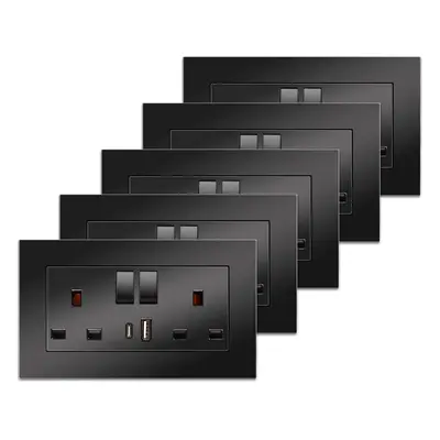 (5 Pack, USB Socket (Type A and C), Black) Double Switched Power Socket with Dual USB Charging P