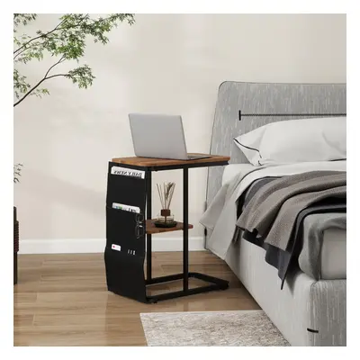 2-Tier Sofa Side Table Color LED Light Desk with Large Side Pocket