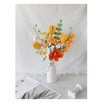 (Orange Large with Vase) Crochet flowers bouquet, Tulip, Pink, white, purple, blue, everlasting,