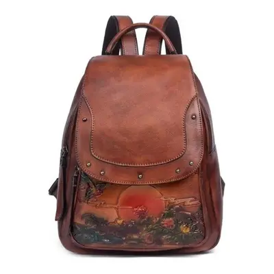 (brown) Vintage Embossed Large Capacity Women Backpack Genuine Leather Bag New Leisure Nature So