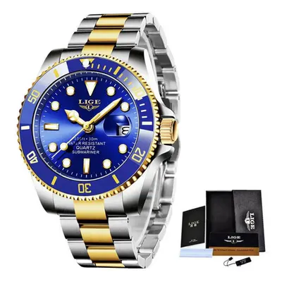 (Gold Blue) Lige Luxury Fashion Divers Men Watch