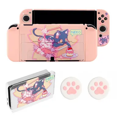 (Oled Case Set) NEKO Cat Switch OLED Case Storage Bag PU Carrying Case Pink Shockproof Shell Swi