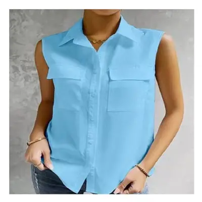 (SKY BLUE, 2XL) Summer White Sleeveless Lapel Shirt Solid Color Pocket Office Lady Casual Elegan