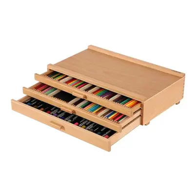 Upgraded 3-Drawer Wood Artist Supply Storage Box with Removable Dividers, Premium Beech Wood Art