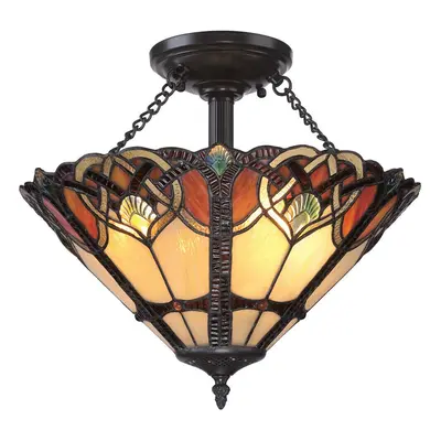 2 Bulb Semi Flush Tiffany Style Coloured Glass Vintage Bronze Base LED E27 100W