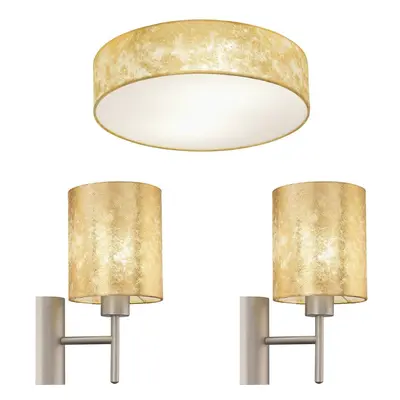 Low Ceiling Light & 2x Matching Wall Lights Gold Fabric Round Trendy Lamp Shade