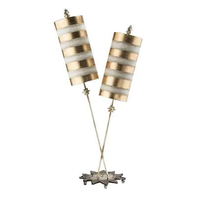 2 Bulb Table Lamp Gold Leaf & Taupe Striped Shades Star Leaf Base LED E27 60W