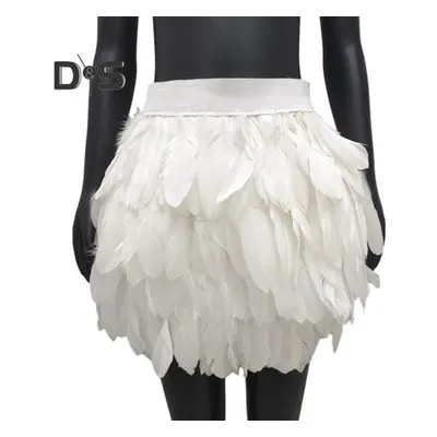 (white, L) Festival Faux Feather Skirt Punk Gothic Style Hand Stitched Design Stage Performance 