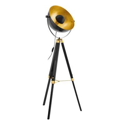 Tripod Floor Lamp Light Black Wood & Gold Dome Shade x 60W E27 Bulb