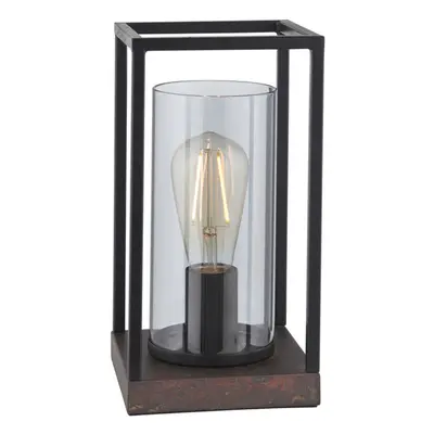 Matt Black Industrial Framed Table Lamp Light & Glass Shade - Bronze Patina Base