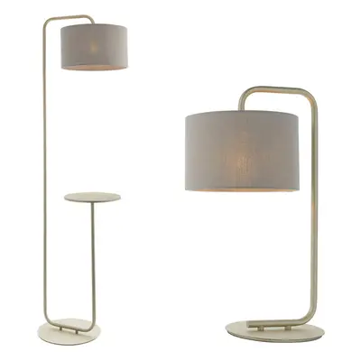 Satin Champagne Table Light Set - Floor & Table Lamp Bundle - Grey Fabric Shades