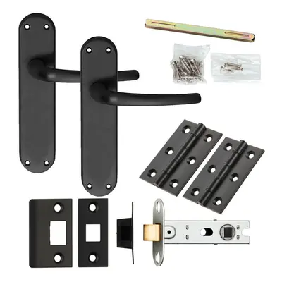 Door Handle & Latch Pack Matt Black Curved Round Lever Slim Curved Backplate