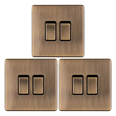 3 PACK Gang Double Light Switch SCREWLESS ANTIQUE BRASS Way 10A Slim Rocker