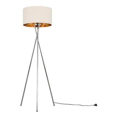 Modern Polished Chrome Metal Tripod Floor Lamp with a Beige & Gold Cylinder Shade - Complete wit