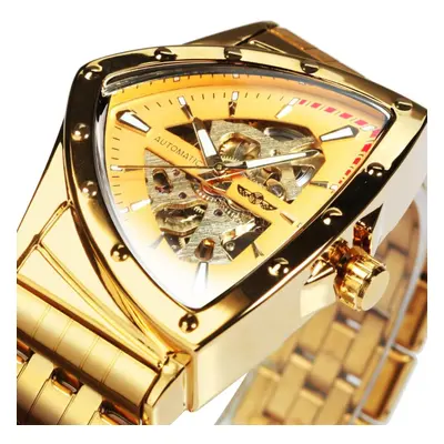 (gold) Winner Triangle Skeleton Gold Black Watch For Men Automatic Mechanical Wristwatch Irregul