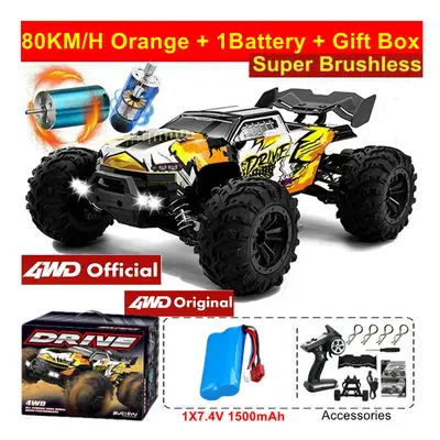 (80KM Orange 1Battery) Super Brushless 4WD RC Car With LED Remote Control Cars High Speed Drift 