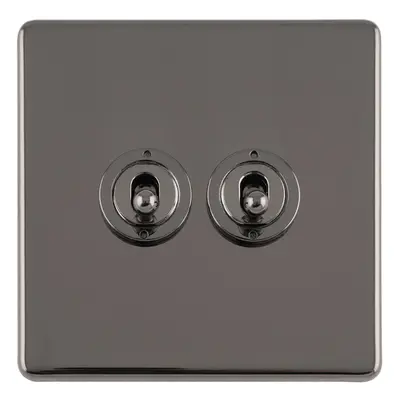 2 Gang Double Retro Toggle Light Switch SCREWLESS BLACK NICKEL 10A Way Lever