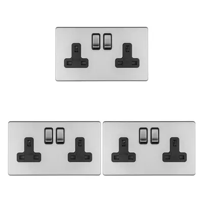 3 PACK Gang DP 13A Switched UK Plug Socket SCREWLESS SATIN STEEL Wall Power