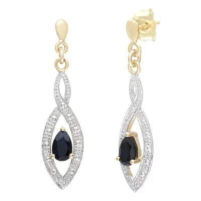 Jewelco London 9ct Yellow Gold Round 1pts Diamond Pear 0.55ct Sapphire Teardrop Drop Earrings - 