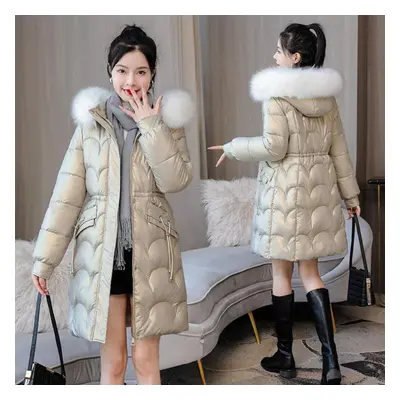 (champagne, XL) New Winter Thick Jacket Long Down Parka Jacket Women Bright Waterproof Overcoat 