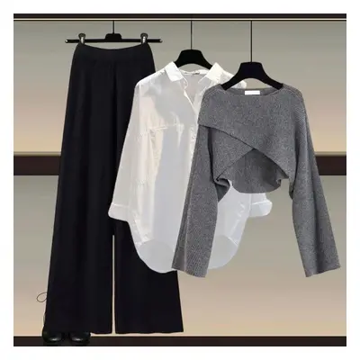 (grey,black, XXL) Autumn And Winter Women's Knitted Sweater Three Piece Pants Loose Blouse Shirt