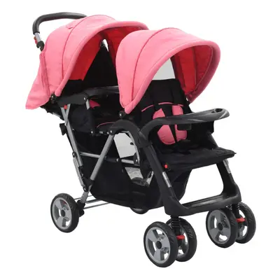 vidaXL Tandem Stroller Pink and Black Steel