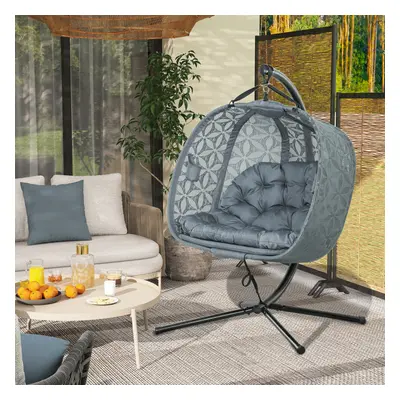 Outsunny Double Hanging Swing Chair w/ Stand & Cup Holders, Charcoal Grey