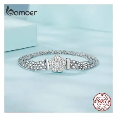 (17) Bamoer Sterling Silver Rose Basic Bracelet Hollow-out Wide Band Chain Platinum Plated For W