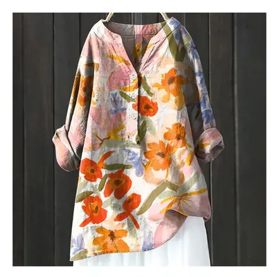 (HCY04, S) Women's Autumn Winter New Fashion Printed Button Up Shirt Long Sleeved Bamboo Linen C