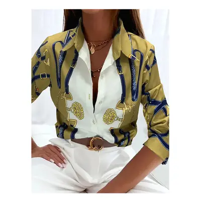 (B25SLTH24614150512, XXXL) Boutique Pattern Printed Button Long Sleeve Women's Shirt Vintage Ele