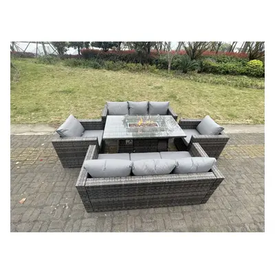 (8 seater) Fimou PE Rattan Garden Furniture Gas Fire Pit Dining Table Lounge Sofa