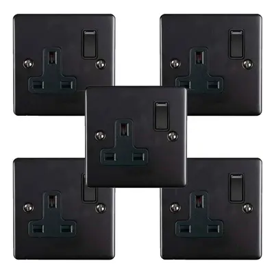 5 PACK Gang Single UK Plug Socket MATT BLACK 13A Switched Power Outlet