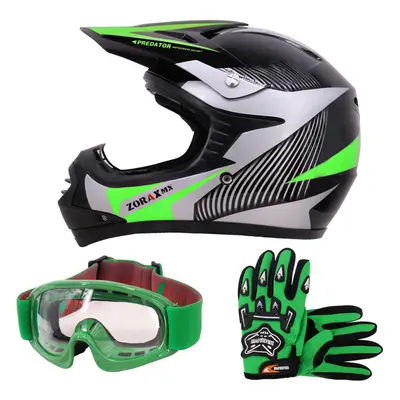 (Green, M) ZORAX X19 Kids Motocross MX Helmet Motorbike Gloves Goggles