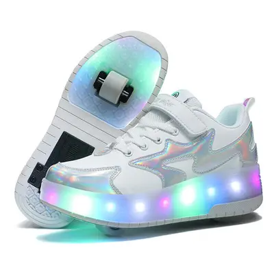 (Sliver, UK kids) Girls Boys LED Wheel Trainers Skates Shoes Kids Flash Roller Skate Sneakers Si