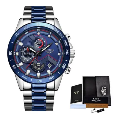 (Silver Blue) Lige Luxury Fashion Sports Chronograph Quartz Men Watch